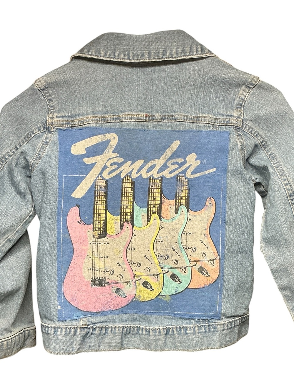 Fender Electric Guitar Upcycled Denim Jacket Unisex 7 Band Grunge 80s